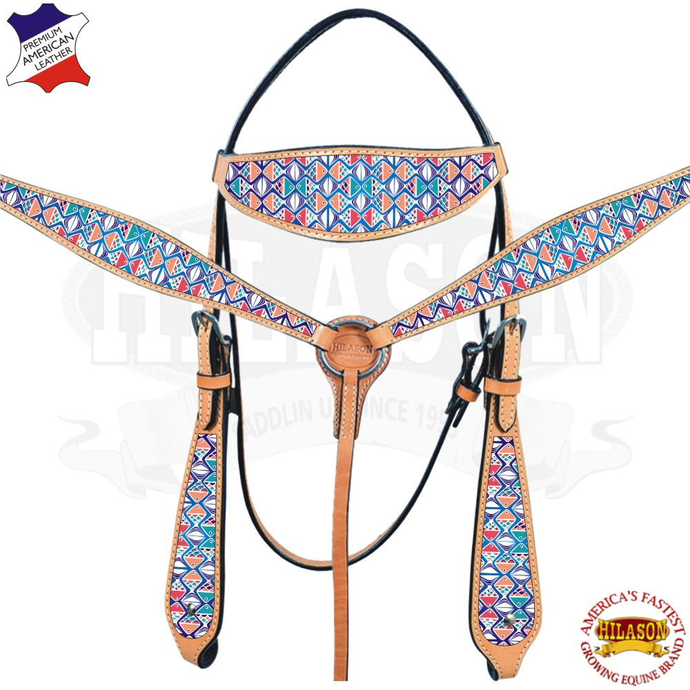 Western Horse Headstall Breast Collar Set American Leather Tan Hilason