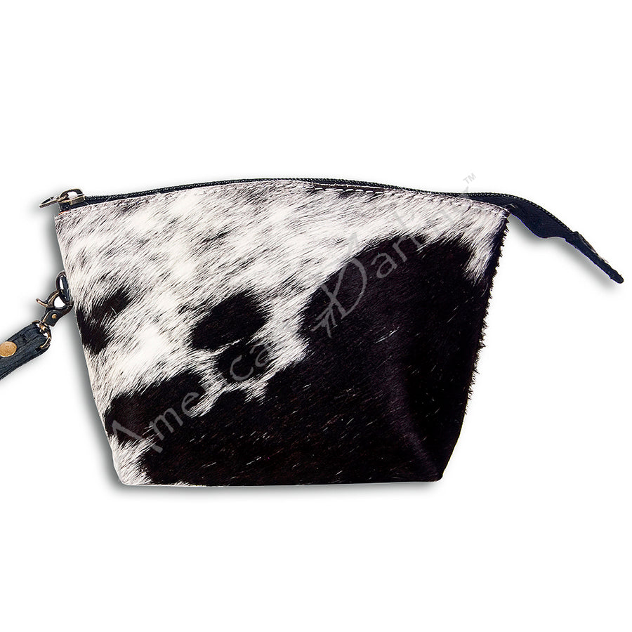 Black and white cowhair cosmetic bag with wrist strap - Uhorse
