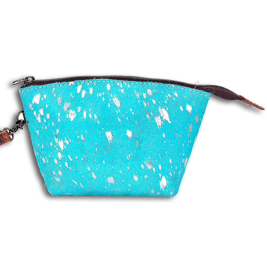 Turquoise hair-on cowhide cosmetic pouch with white speckles - Uhorse