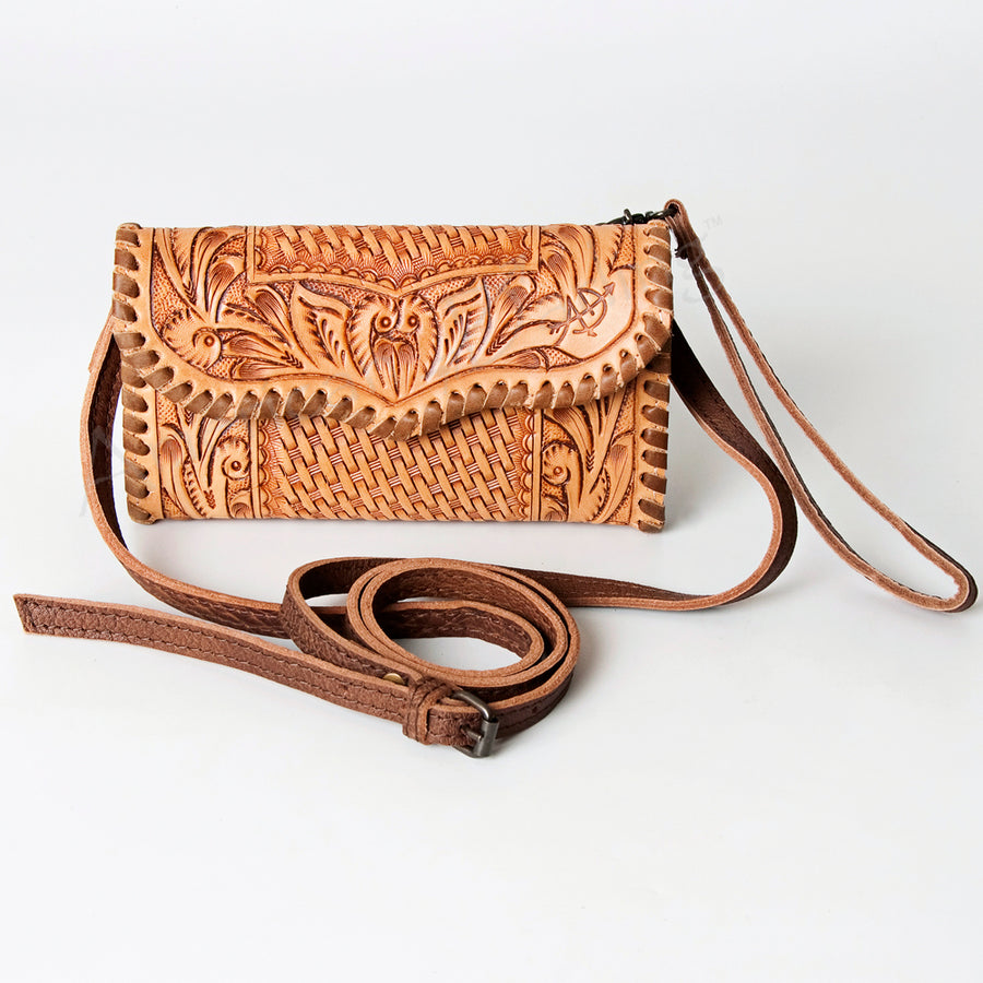 American Darling Wallet Bag Handcrafted from Hand Tooled Floral Leather & Basket weave with Wristlet and YKK Zipper