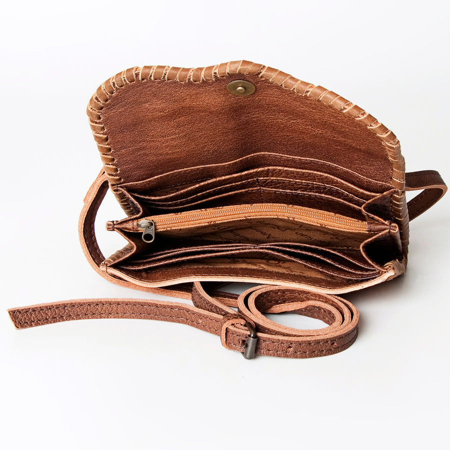 American Darling Wallet Bag Handcrafted from Hand Tooled Floral Leather & Basket weave with Wristlet and YKK Zipper