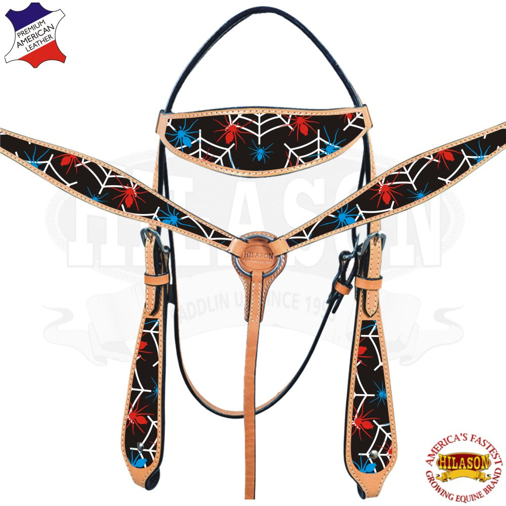 Western Horse Headstall Breast Collar Set American Leather Spider Hilason
