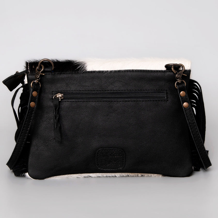 American Darling Small Cross body Bag Hand Tooled Floral Carved Leather Hair-On Cowhide with Fringes