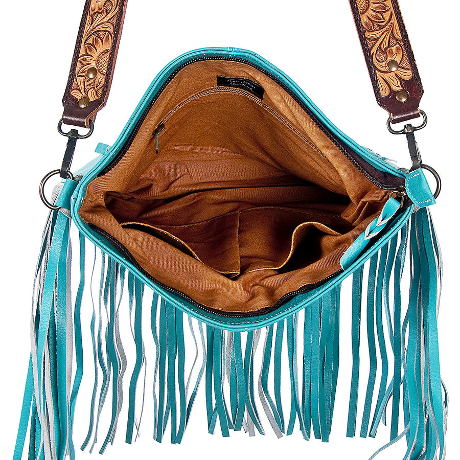 American Darling Cross body Bag Handcrafted from Hand Tooled Floral Leather with Beaded Accents, Fringes, and YKK Zipper