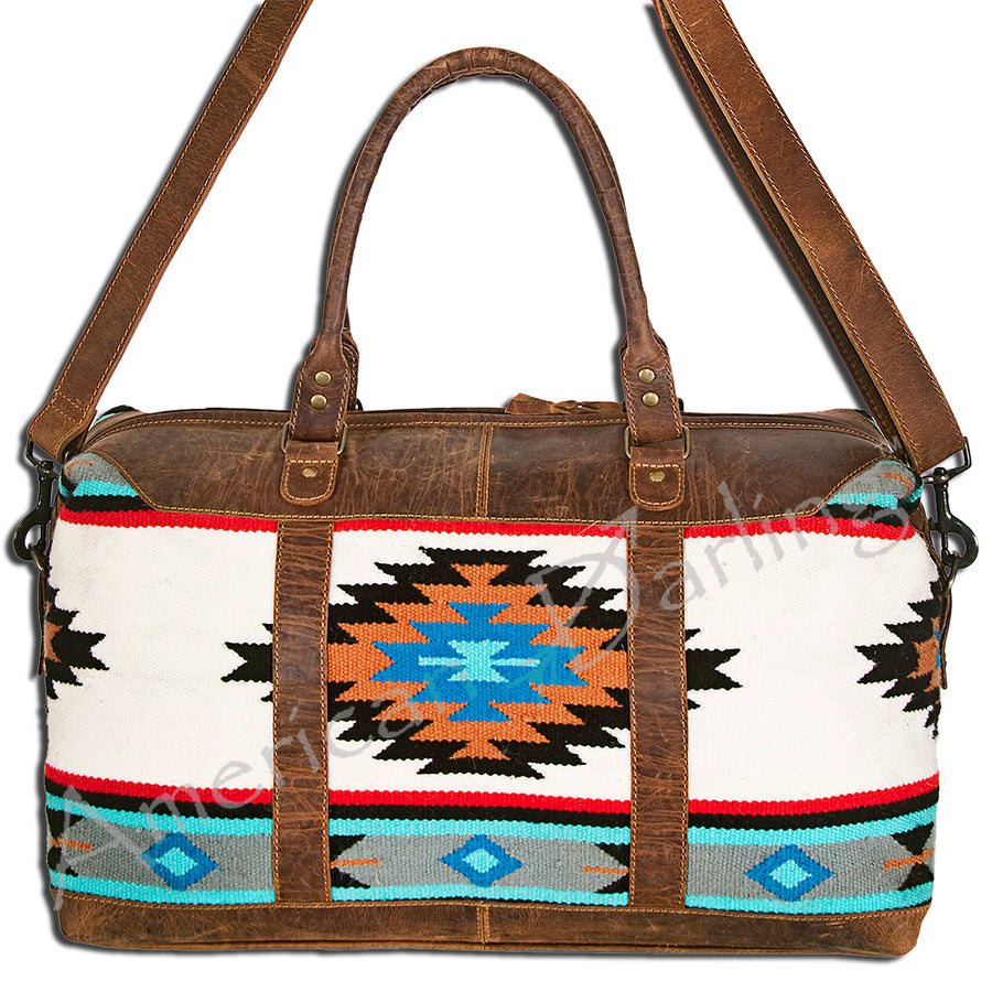 Turquoise and brown leather weekender bag with geometric textile panels - Uhorse