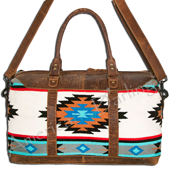 Turquoise and brown leather weekender bag with geometric textile panels - Uhorse