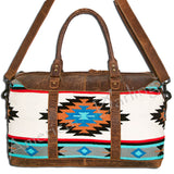 Turquoise and brown leather weekender bag with geometric textile panels - Uhorse