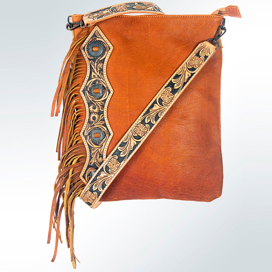 American Darling Chaps Bag Handcrafted from Full Grain Leather with Hand Tooled Panel, Concho, Fringes, and YKK Zipper
