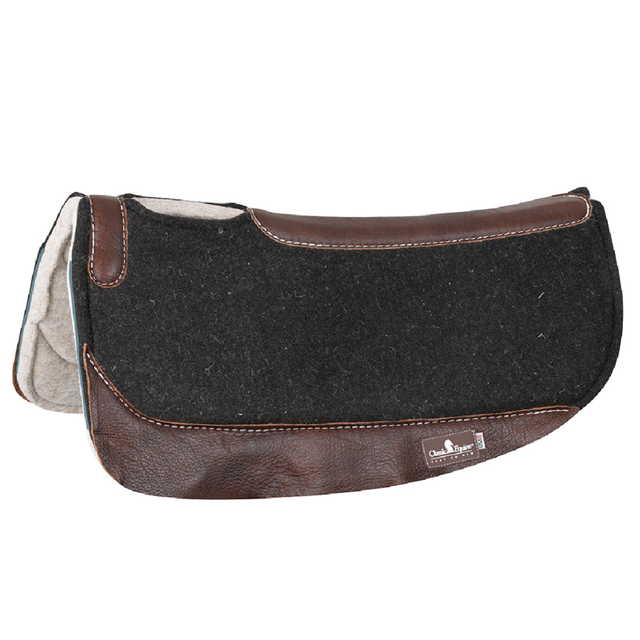 Black wool saddle pad with brown leather trim and fleece lining - Uhorse