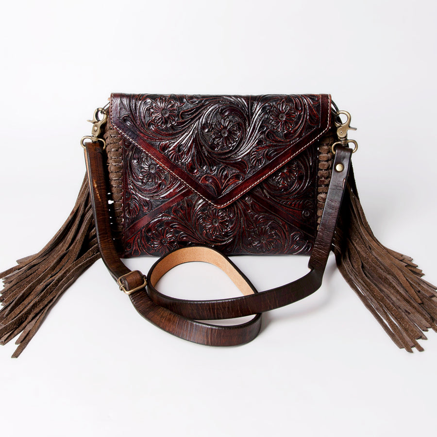 American Darling Envelope Bag Handcrafted from Hand Tooled Floral Leather with Braided Edges, Fringes, and YKK Zipper
