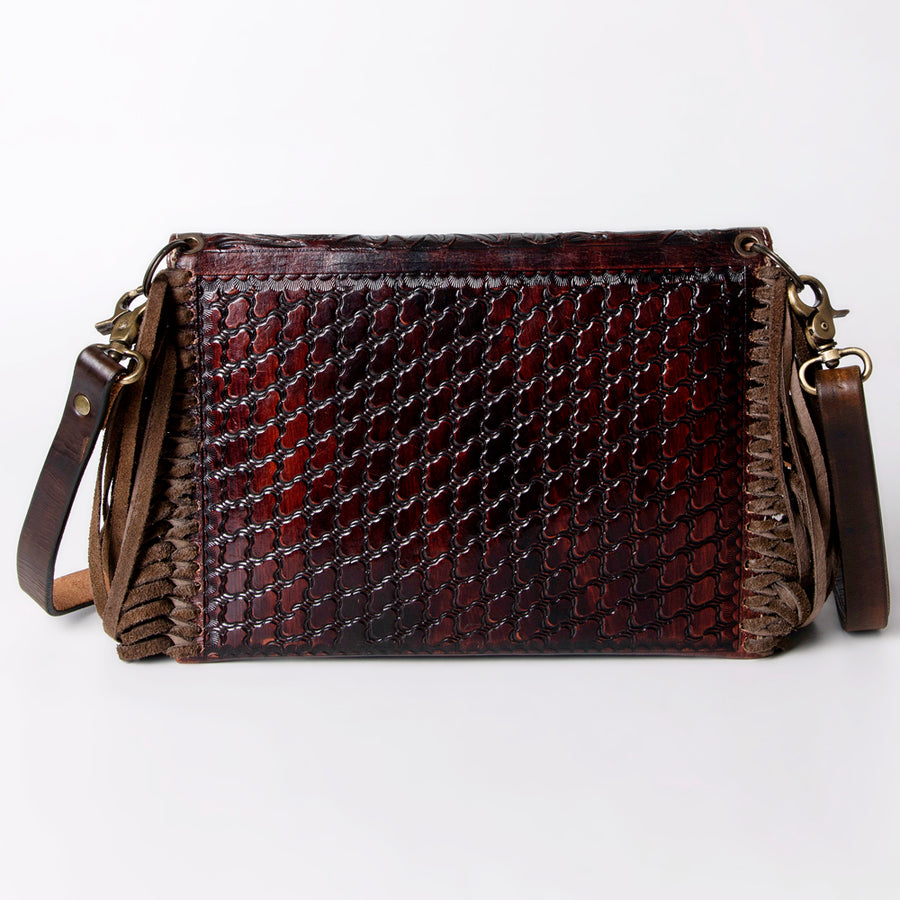 American Darling Envelope Bag Handcrafted from Hand Tooled Floral Leather with Braided Edges, Fringes, and YKK Zipper