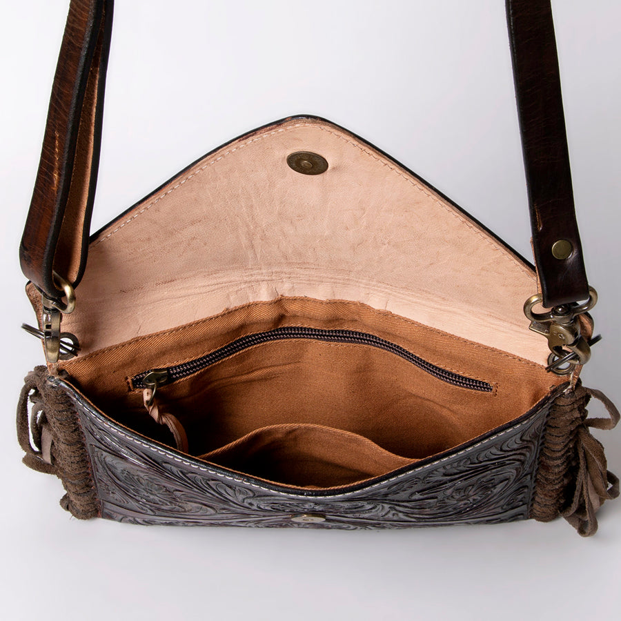 American Darling Envelope Bag Handcrafted from Hand Tooled Floral Leather with Braided Edges, Fringes, and YKK Zipper