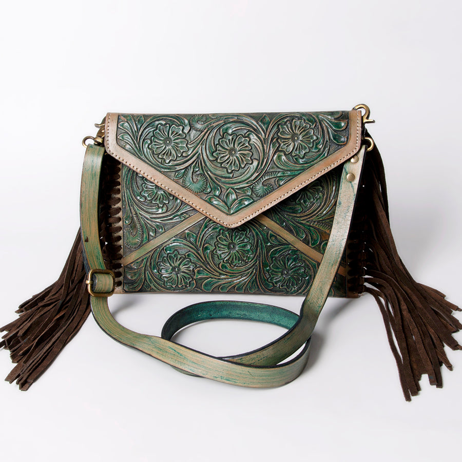 American Darling Envelope Bag Handcrafted from Hand Tooled Floral Leather with Braided Edges, Fringes, and YKK Zipper