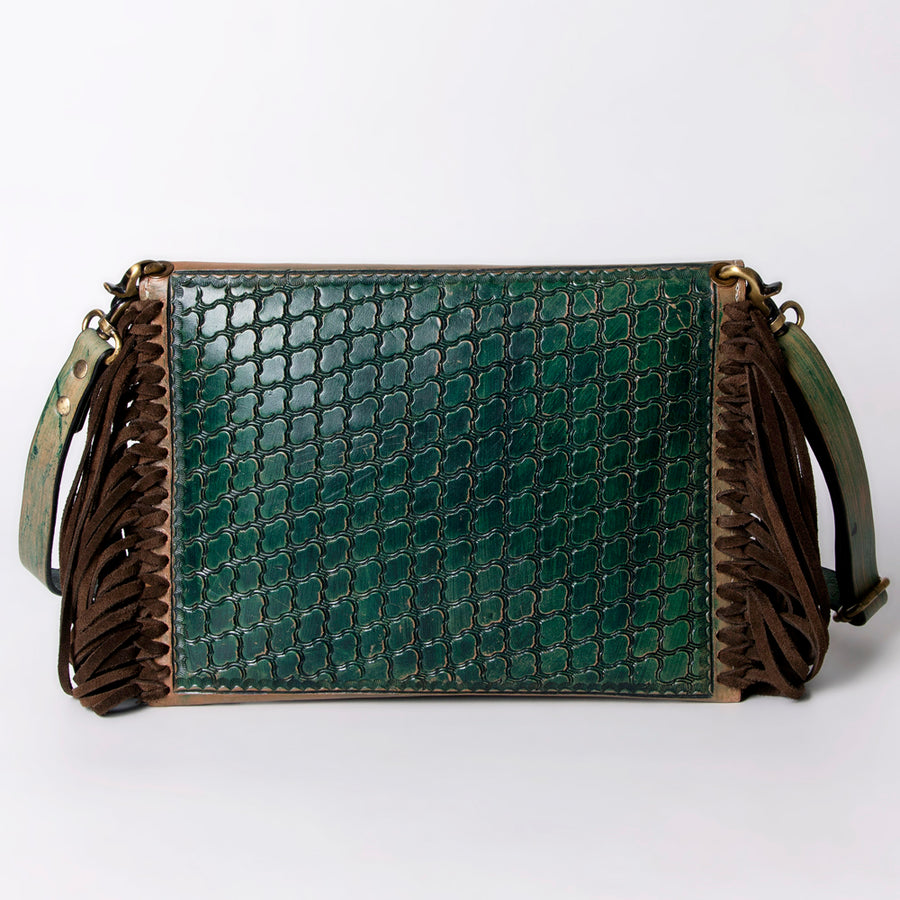 American Darling Envelope Bag Handcrafted from Hand Tooled Floral Leather with Braided Edges, Fringes, and YKK Zipper