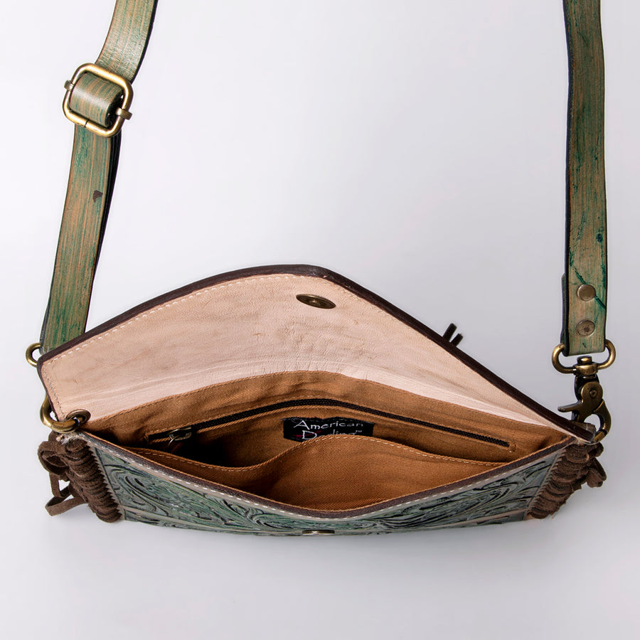 American Darling Envelope Bag Handcrafted from Hand Tooled Floral Leather with Braided Edges, Fringes, and YKK Zipper