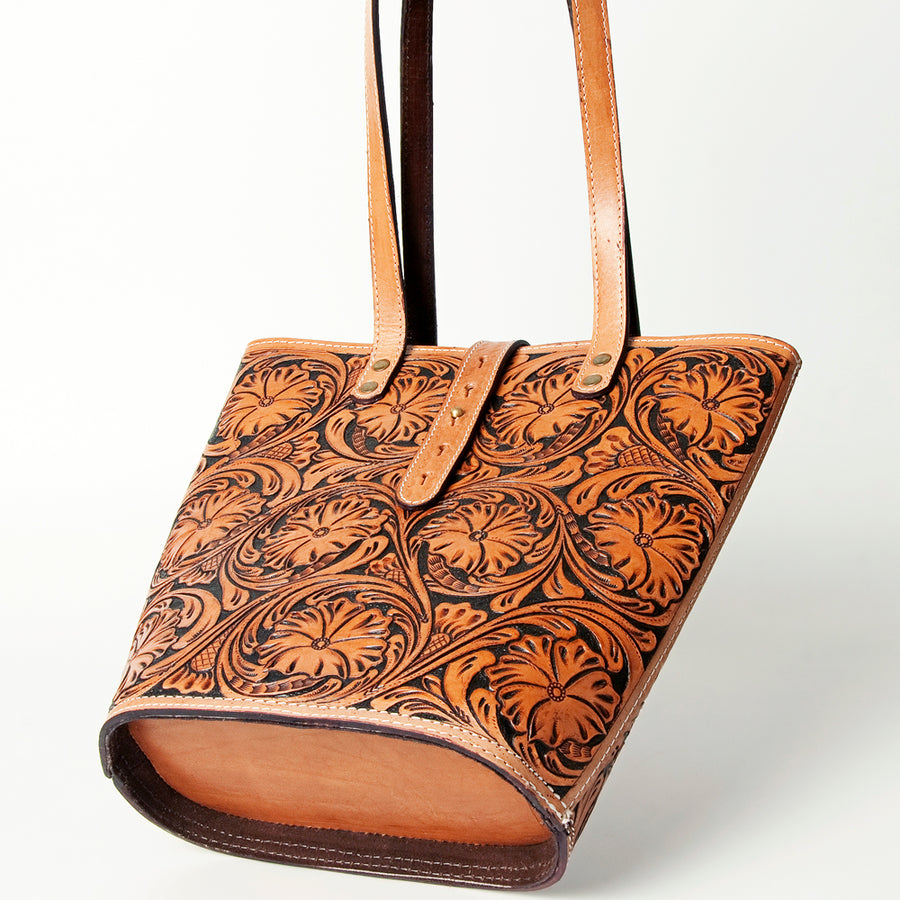 American Darling Tote Bag Handcrafted from Hand Tooled Floral Leather and Full Grain Leather with YKK Zipper