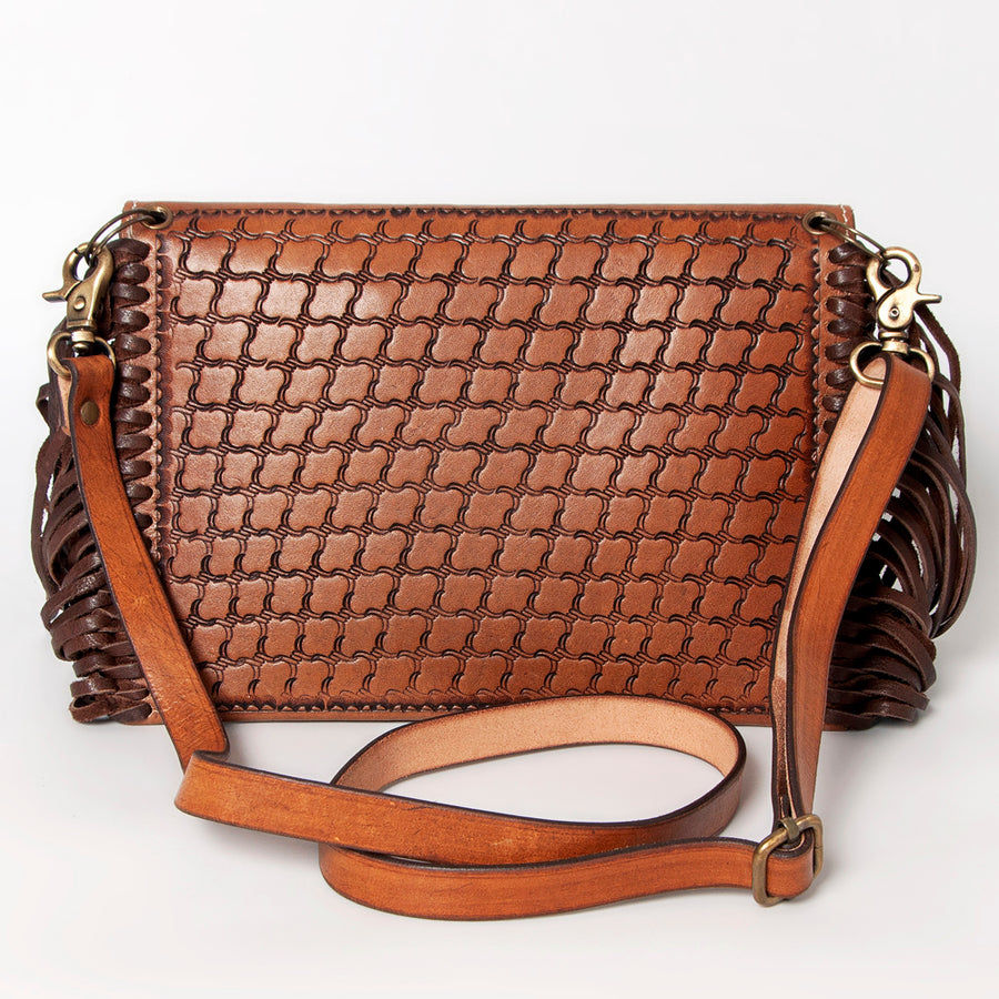 American Darling Envelope Bag Handcrafted from Hand Tooled Floral Genuine Leather with Braided Edges, Fringes, and YKK Zipper