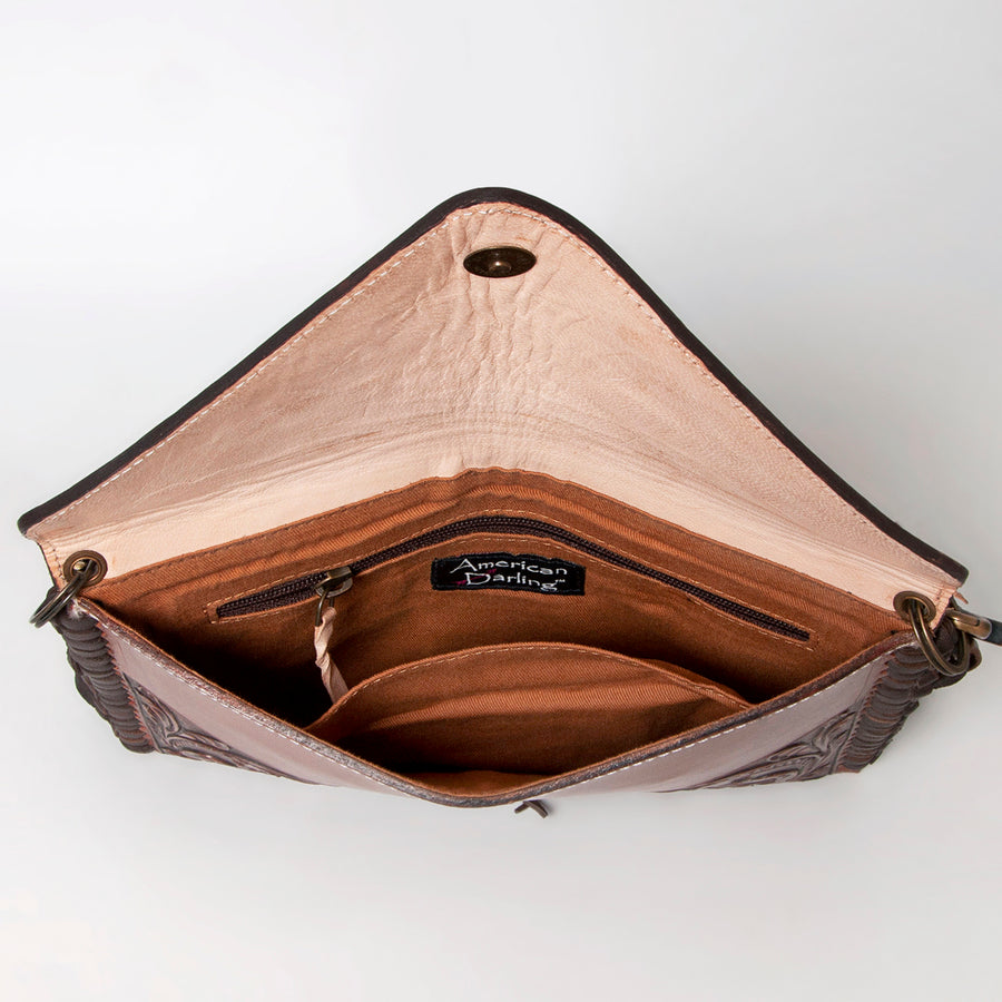 American Darling Envelope Bag Handcrafted from Hand Tooled Floral Genuine Leather with Fringes and YKK Zipper