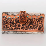 American Darling Western Wallet Bag Hand Tooled Floral Carved Hair-On Cowhide Genuine Vegetable Tanned Leather Travel Clutch