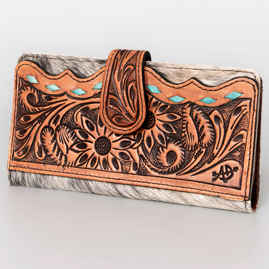 American Darling Hand Tooled Floral and Hair-On Cowhide Western Wallet Bag - Uhorse