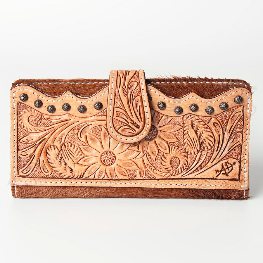 American Darling Western Wallet Bag Hand Tooled Floral Carved Hair-On Cowhide Genuine Vegetable Tanned Leather Travel Clutch