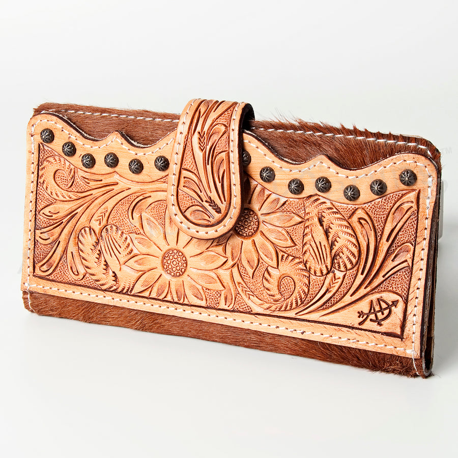 American Darling Hand Tooled Floral and Hair-On Cowhide Western Wallet Bag - Uhorse
