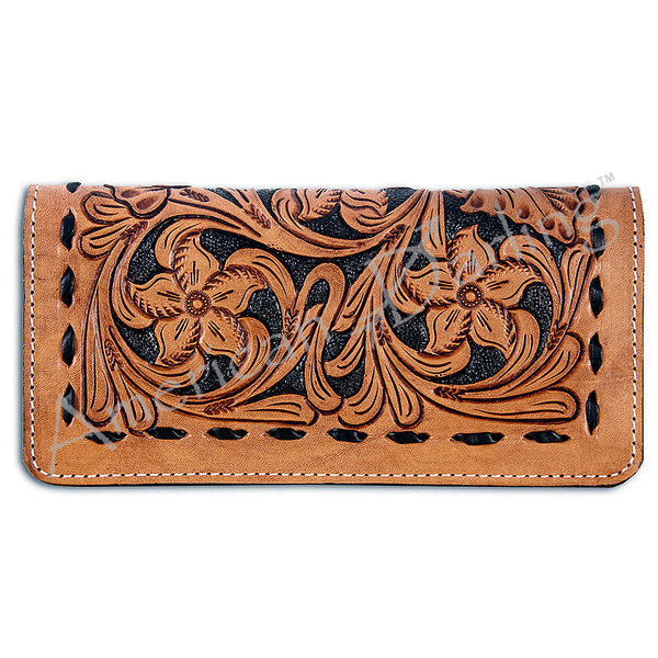 Brown leather wallet with tooled floral design and playing card applique - Uhorse