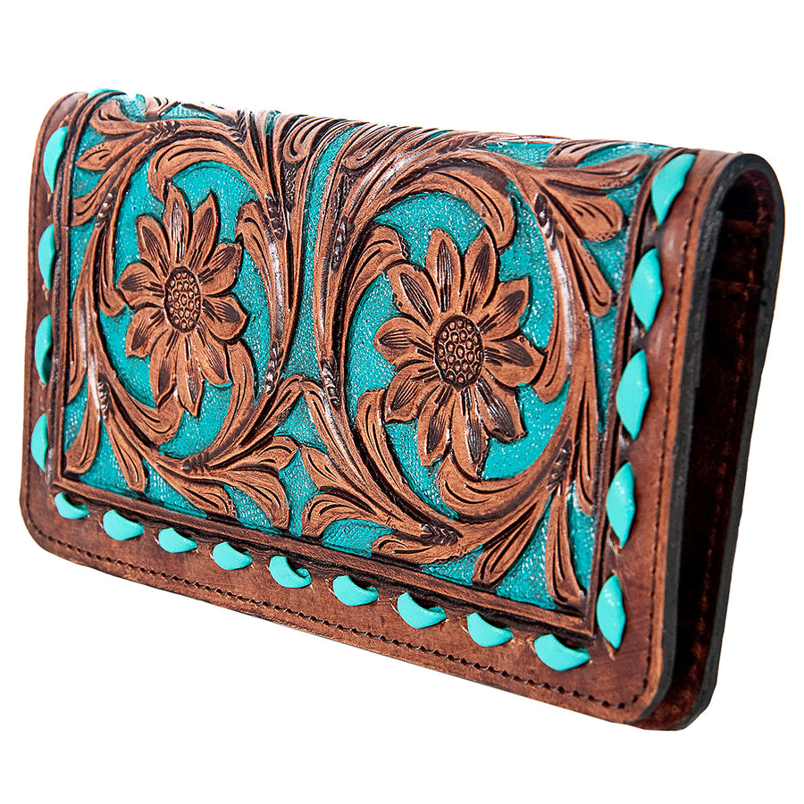 American Darling Western Wallet Bag Hand Tooled Floral Carved Genuine Vegetable Tanned Leather Purse with YKK Zipper