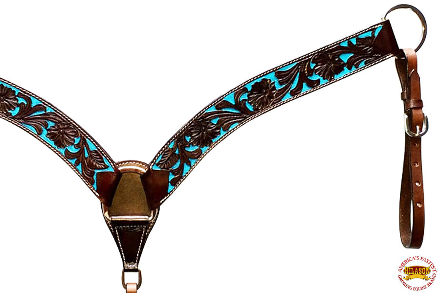 HILASON Western Horse Tack Set American Leather Dark Brown & Turquoise Inlay | Headstall Breast Collar for Horses