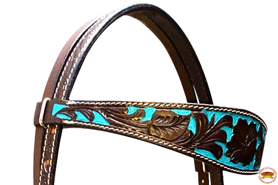 HILASON Western Horse Tack Set American Leather Dark Brown & Turquoise Inlay | Headstall Breast Collar for Horses