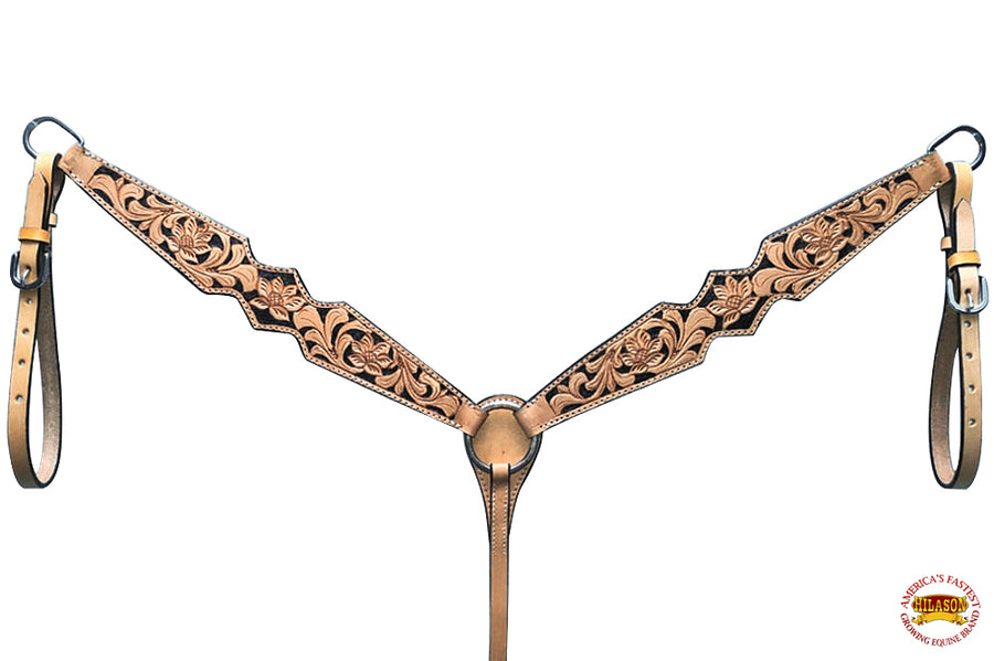HILASON Western Horse Breast Collar & Headstall American Leather Carved Tan w/ Black Inlay | Tack Set for Horses