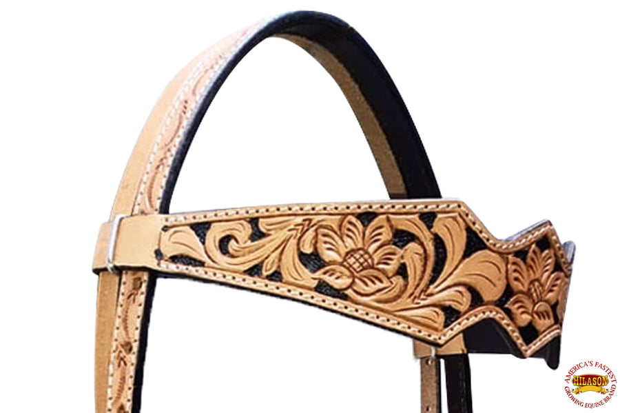 HILASON Western Horse Breast Collar & Headstall American Leather Carved Tan w/ Black Inlay | Tack Set for Horses