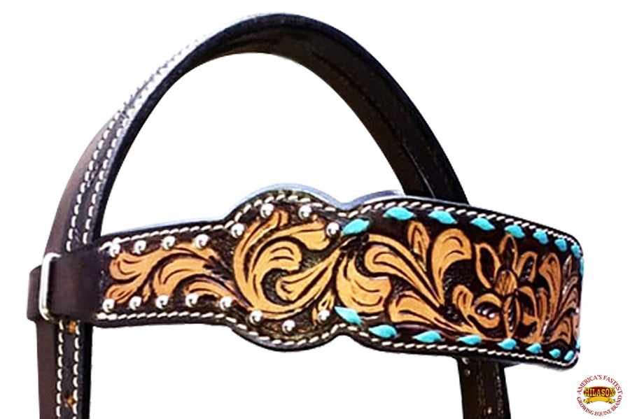 HILASON Western Horse Headstall & Breast Collar American Leather Carved Tan Black | Tack Set for Horses