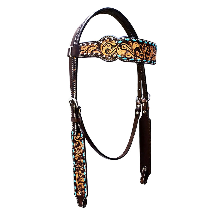 HILASON W. H. Headstall American Leather Carved Tan Black Inlay – by Hilason – Cowboy and equestrian accessories