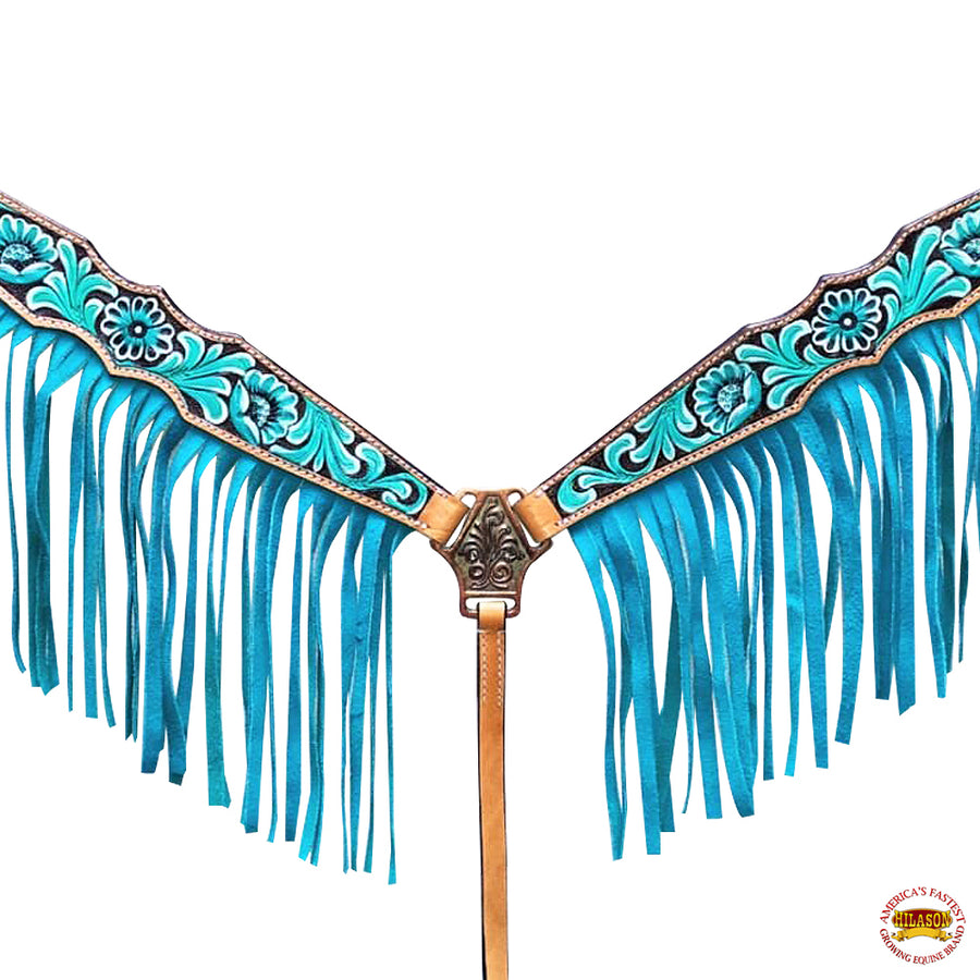 Hilason Western Horse Breast Collar Headstall American Leather Hand Carved Turquoise
