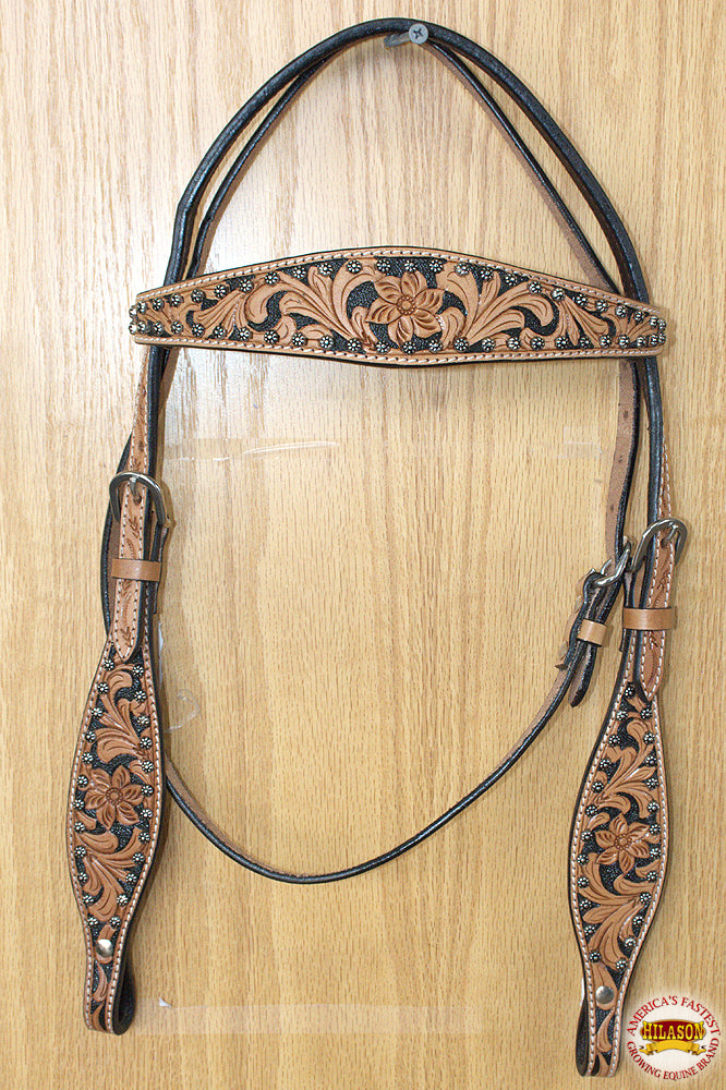 HILASON Western Horse Headstall American Leather Floral Tan Black Inlay | for Horses
