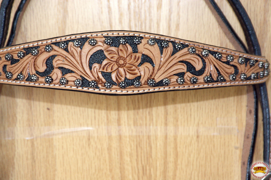HILASON Western Horse Headstall American Leather Floral Tan Black Inlay | for Horses