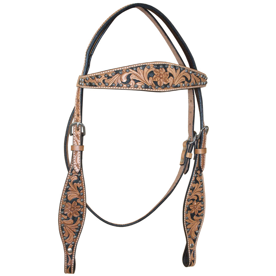 Hilason W. H. Headstall American Leather Floral Tan Black Inlay – by Hilason – Cowboy and equestrian accessories