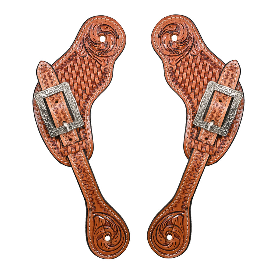 Western Leather Spur Straps Hilason Tan Basket Weaving Floral - Uhorse