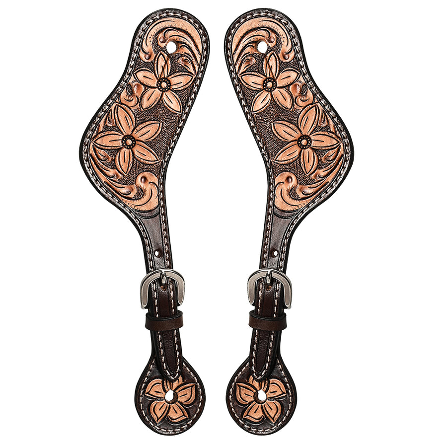 Western Leather Spur Straps Hilason Antique Brown Floral Carving - Uhorse