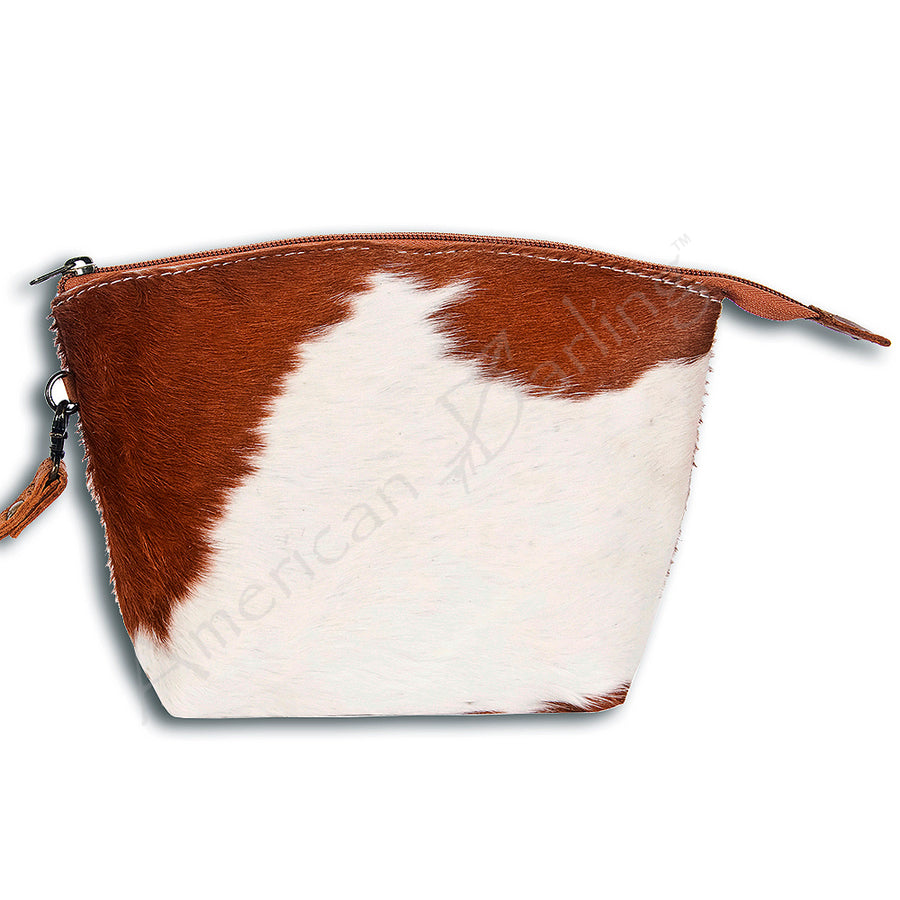Brown and white cowhide cosmetic bag with zipper - Uhorse