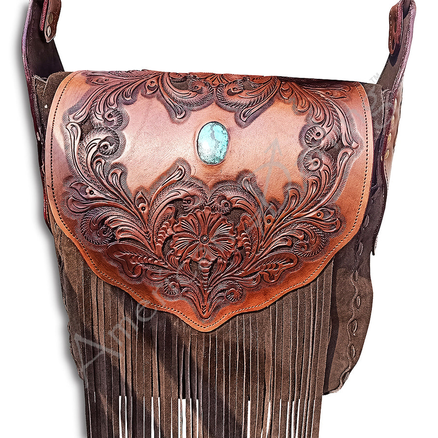 American Darling Western Leather Messenger Bag - Hand Tooled Floral Carved Purse with Fringes - Uhorse