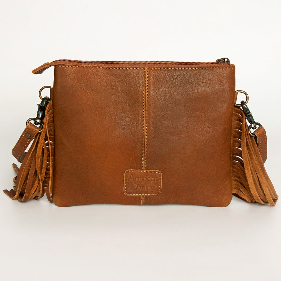 American Darling Small Cross body Bag Handcrafted from Hand Tooled Floral Leather & Hair-On Cowhide with Fringes & YKK Zipper