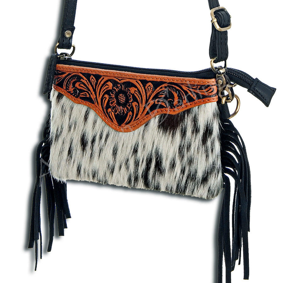American Darling Small Cross body Bag Handcrafted from Hand Tooled Floral Leather & Hair-On Cowhide with Fringes & YKK Zipper