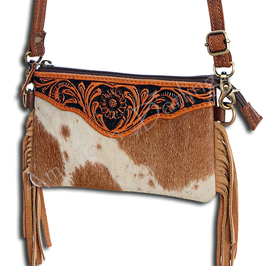 American Darling Small Cross body Bag Handcrafted from Hand Tooled Floral Leather & Hair-On Cowhide with Fringes & YKK Zipper