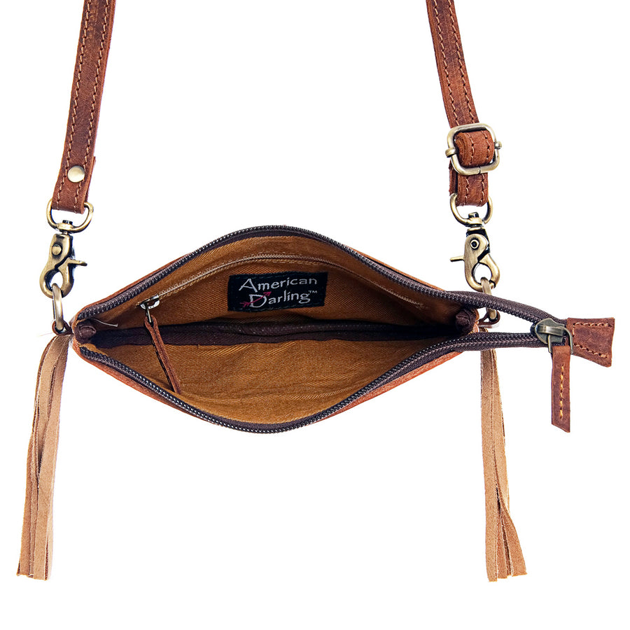 American Darling Small Cross body Bag Handcrafted from Hand Tooled Floral Leather & Hair-On Cowhide with Fringes & YKK Zipper
