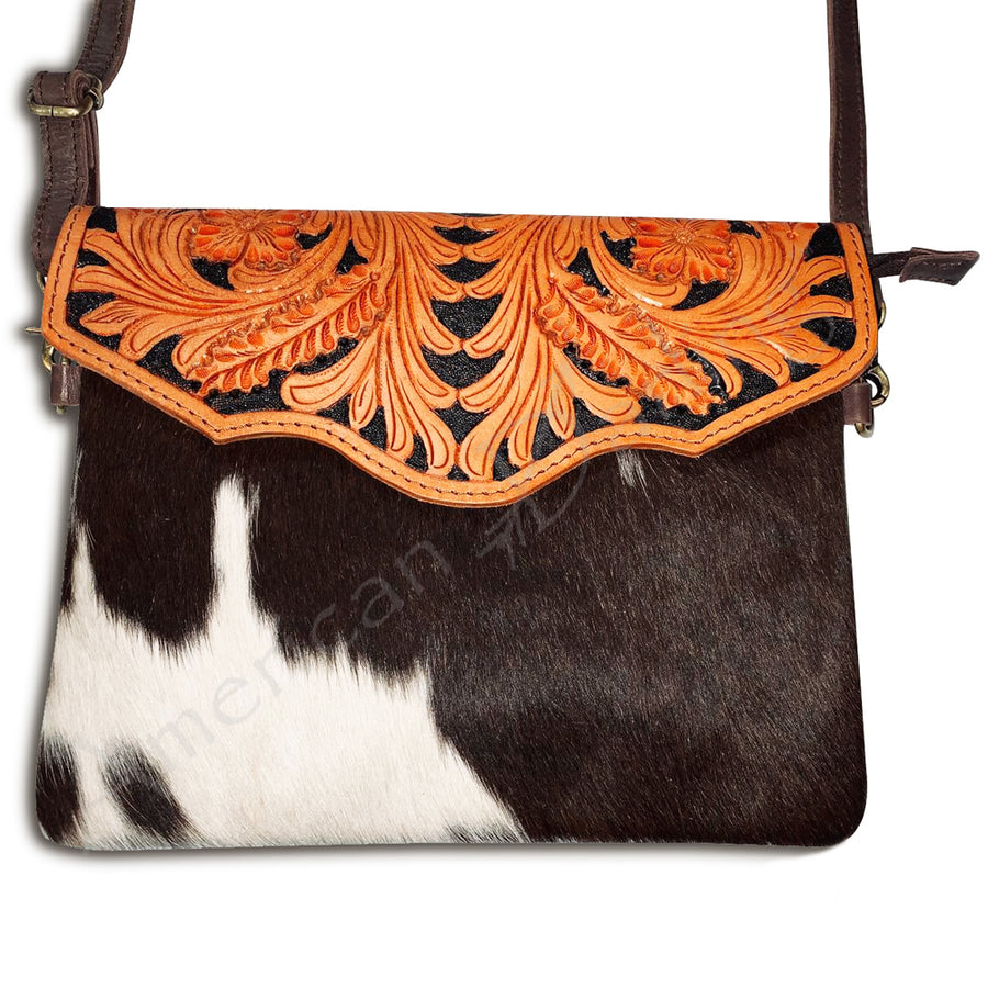 American Darling Envelope Bag Handcrafted from Hand Tooled Floral Leather & Hair-On Cowhide with YKK Zipper