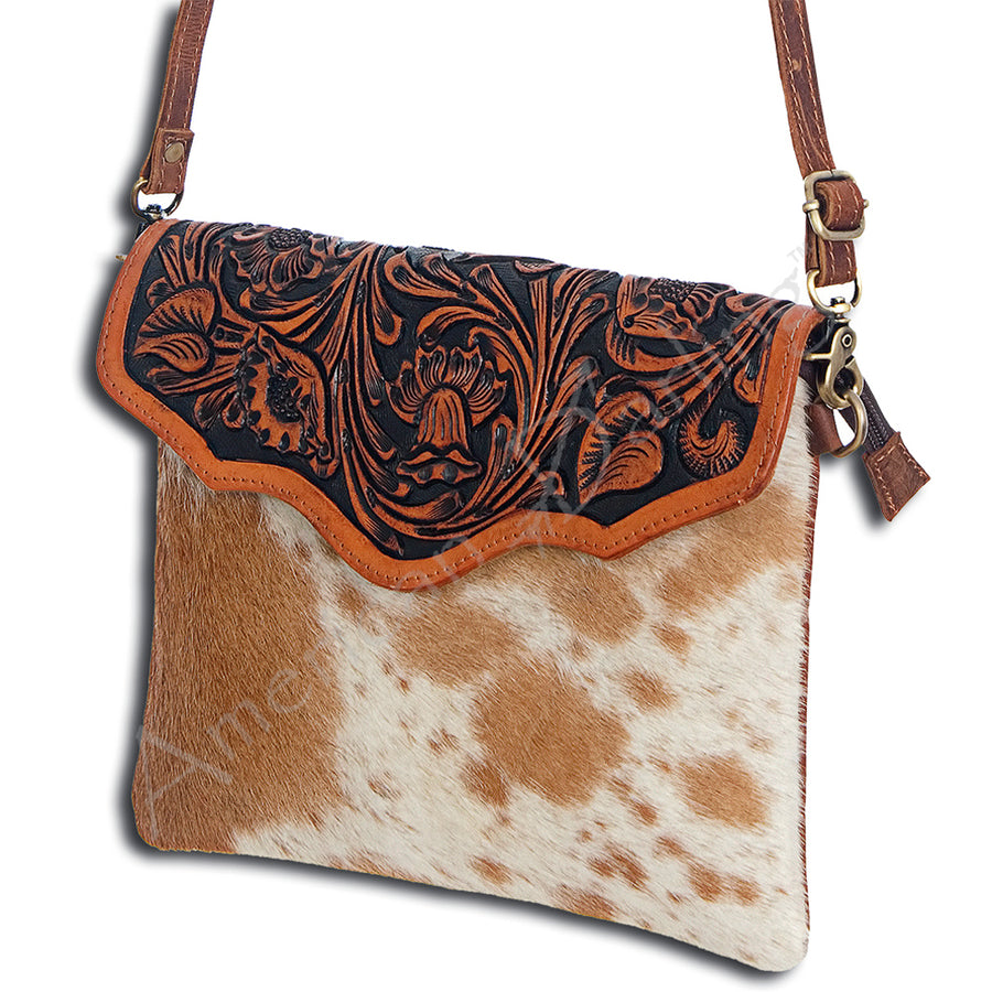 American Darling Envelope Bag Handcrafted from Hand Tooled Floral Leather & Hair-On Cowhide with YKK Zipper