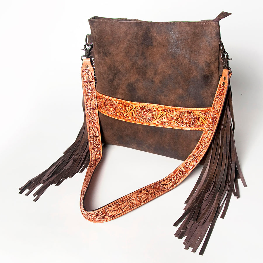 Brown leather shoulder bag with tooled strap and fringe - Uhorse