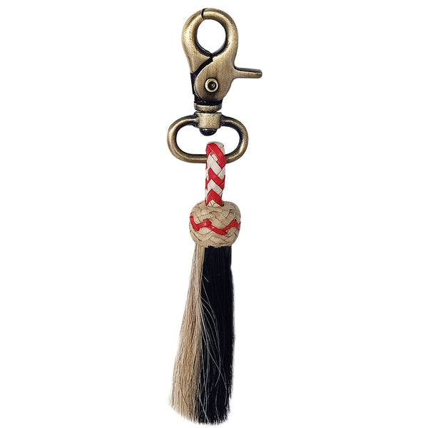 Brass horse lead rope with red and tan braided accents and black tassel - Uhorse
